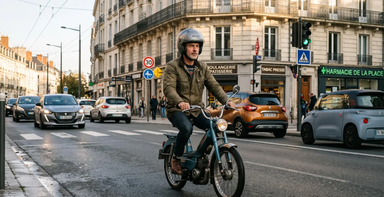 Conducteur pilotant un cyclomoteur Peugeot 103 vintage rouge dans une rue urbaine française avec trafic moderne, casque homologué, lumière naturelle