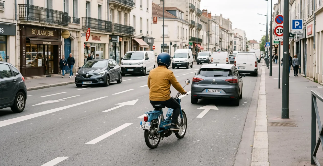 Cyclomoteur vintage bleu circulant au centre de la voie de droite d'une rue urbaine, distance de sécurité avec caniveau et véhicules suiveurs, vue de trois-quarts arrière