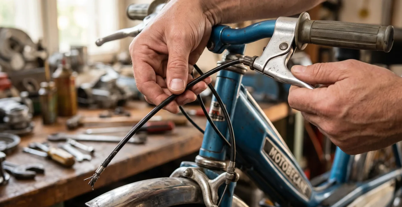 Gros plan sur mains inspectant le câble de frein arrière d'un cyclomoteur Peugeot 103 vintage, geste de vérification technique pré-trajet, garage en arrière-plan