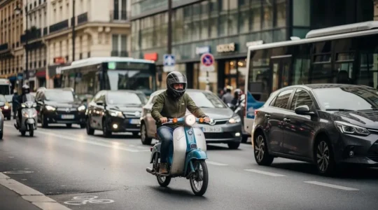 Conducteur sur un cyclomoteur de collection des années 70-80 circulant dans une rue urbaine française contemporaine