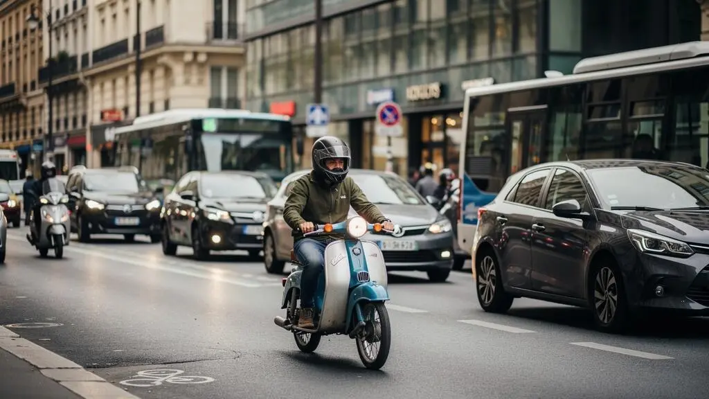 Conducteur sur un cyclomoteur de collection des années 70-80 circulant dans une rue urbaine française contemporaine