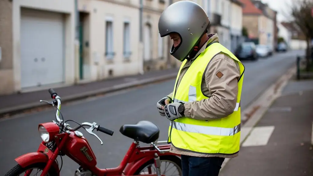 Conducteur équipé d'un casque et d'une veste haute visibilité à côté d'un cyclomoteur de collection