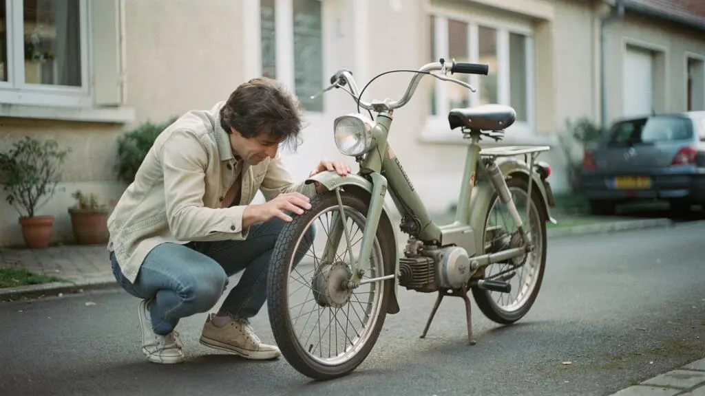 Personne vérifiant l'état d'un cyclomoteur de collection avant utilisation, inspection du système de freinage